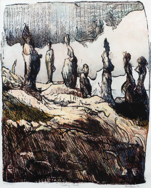 Seven figures stand on an orange / yellow stone ground and the sky is overcast and cloudy