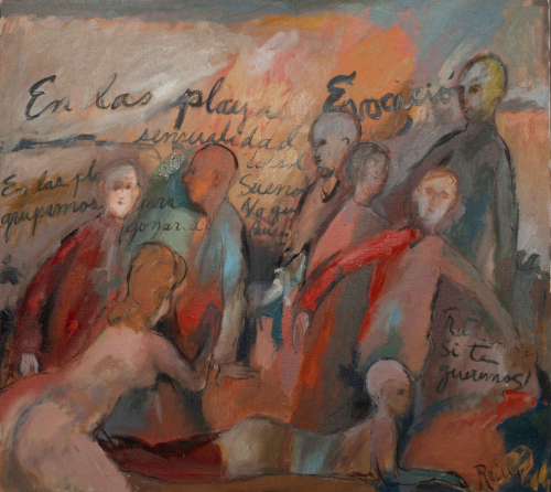 Seven figures standing and one figure laying down, with a rust background