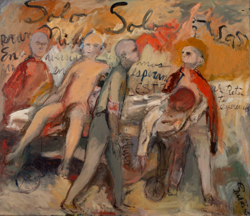 Four figures standing or sitting; one figure is laying down; loosely rendered with rust background