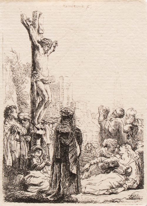 Small etching of Christ on the cross with onlookers