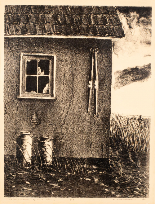  house with a single dark window, two milk cans along the left side, and parts of a harness hang on the side of the house. 