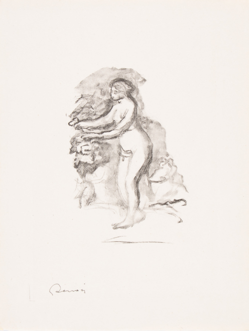 Nude woman facing left with arms stretched out; very gestural.