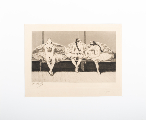 Three dancers sitting on a bench; left dancer looking at viewer; middle looking at right, fixing shoe