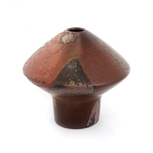 Dark, brick-red short, top-shaped bottle with a narrow base and no neck; it also looks like a mushroom