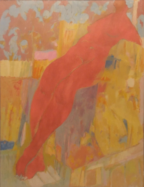 An orange-pink-colored female nude lying diagonally across the composition