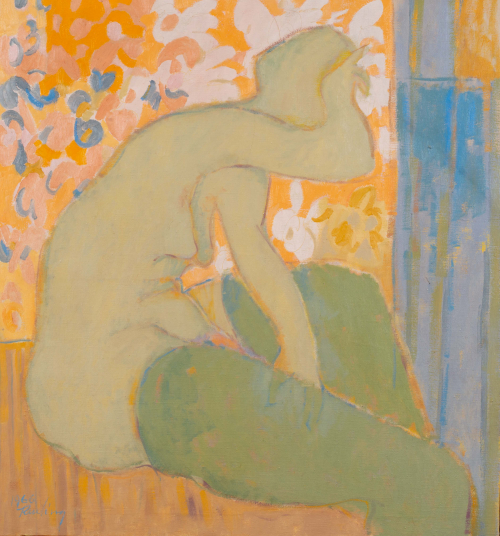 Silhouette in pale green of a woman rubbing her eyes; pastel and floral background