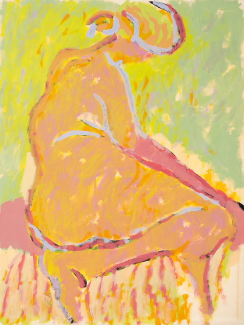 painterly representation of the back of a seated nude female figure, painted in browns, greens, and yellows.