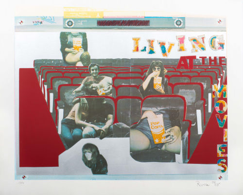 A colorful collage of people in red theater seats with other imagery as well as letters read "living at the movies"