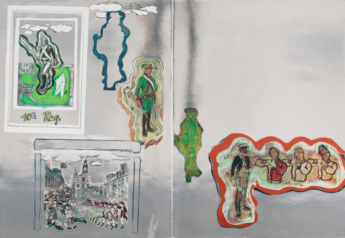 Silver mylar background; battle scene in lower left; collage of individual soldiers throughout