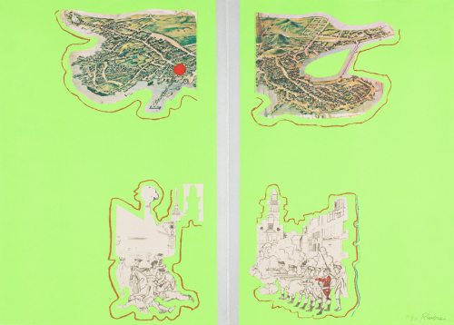 Green background; map of Boston with red dot marking the battle scene in upper, in lower image of battle cut in half