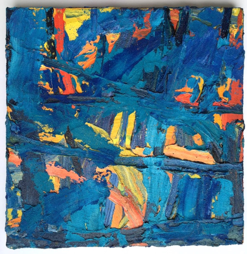 A highly textured non-objective abstraction in blues, turqouise, orange, yellow, red, and black