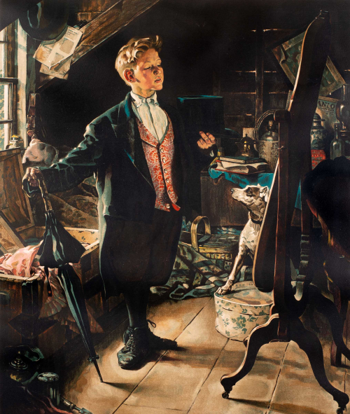 Full-length portrait of a boy in a fancy suit standing in the attic, admiring his reflection in the mirror