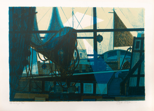 Ship scene; very dense; shades of blue and neutrals of overlapping ships; signed in pencil by artist