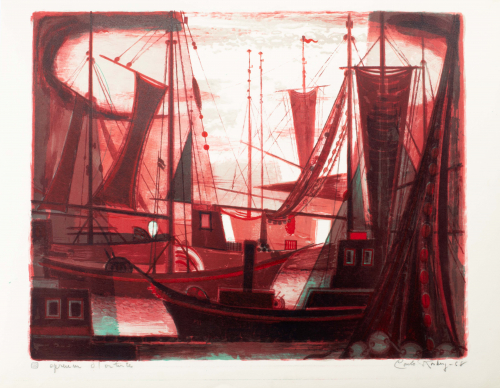 Scene with ships; very dense; monochromatic red, some green; signed in pencil by artist