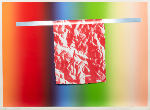 A red and white patterned sheet taped to a horixontal rainbow with silver tape