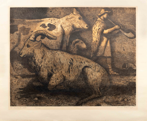 Dark scene of a shepherd blowing horn on right side of print; livestock (goats and sheep) on left side