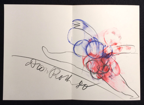 Depicts a human figure leaping, a line drawing in graphite, red, and blue
