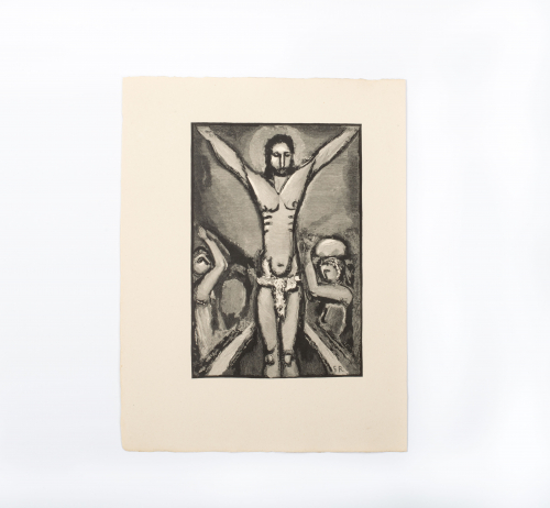 Black and white line dense print of Christ's crucifixion. A person on each side of Christ with arms raised over their heads