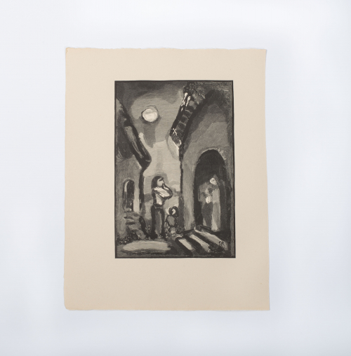 Print of Jesus calling Lazarus out of the tomb; Lazarus standing in doorway of tomb; Third unidentified figure; moon in sky