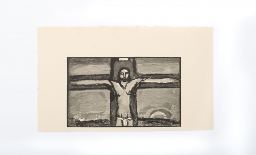 Black and white line dense print of Christ hanging on the cross; partial view from head to thighs