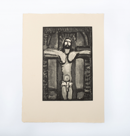 Print of Christ on the cross on the cross; above head to just above knees; appearance of an arch way behind cross