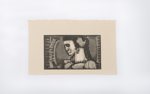 A small black and white  line dense print depicting the profile view of a woman's face looking down from shoulders up.