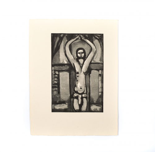 Black and line dense print depicting Christ on the cross; arms raised over head; fingers touching
