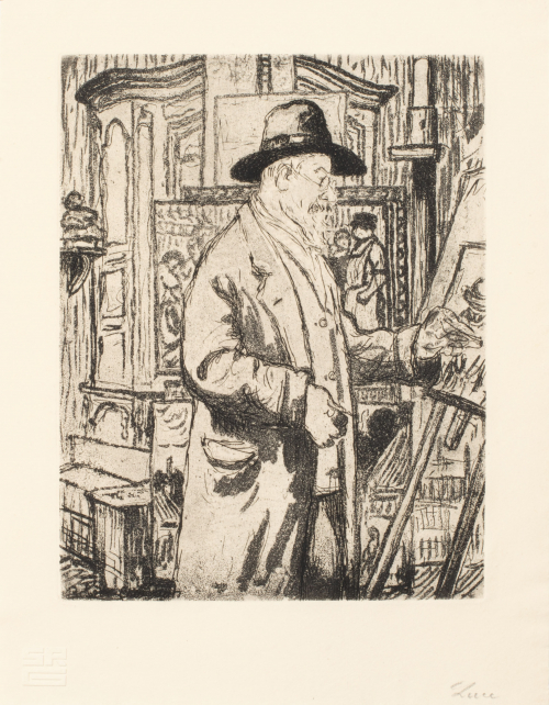 Profile of a bearded man standing, drawing at easel; wearing black hat, vest, long coat; other works in background; gestural