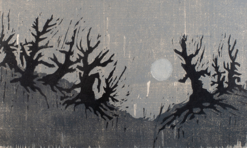 A row of trees slope down towards the center. Gray, dark gray and black inks.