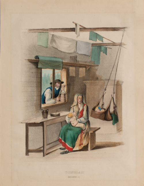 Illustration of a woman sitting in front of a window nursing a baby looking towards another baby in a bed/swing, a man looks on 