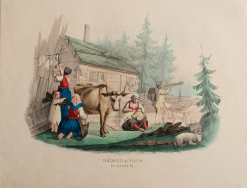 An illustration of people in period clothing doing chores on what appears to be a farm with a cabin and a cow. 