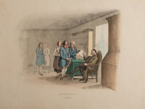 An illustration of people dressed in period clothing in a room discussing a book of some sort.