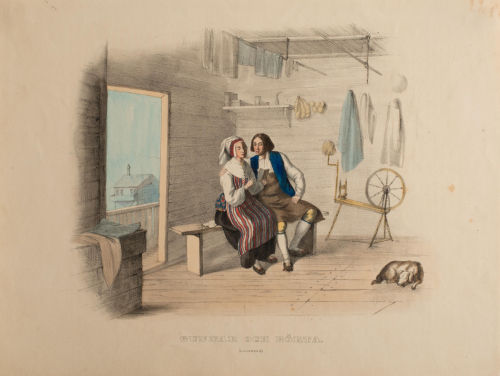 Illustration of a couple in period clothing sitting in a simple room reading a small book, a dog is sleeping on floor.