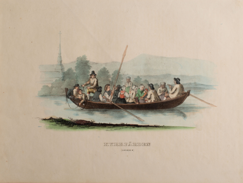 An illustration of people in period clothing in a row boat near a shore.
