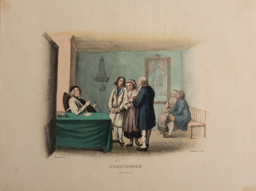 Illustration of people in period clothing in a room discussing something centered around a man sitting at table