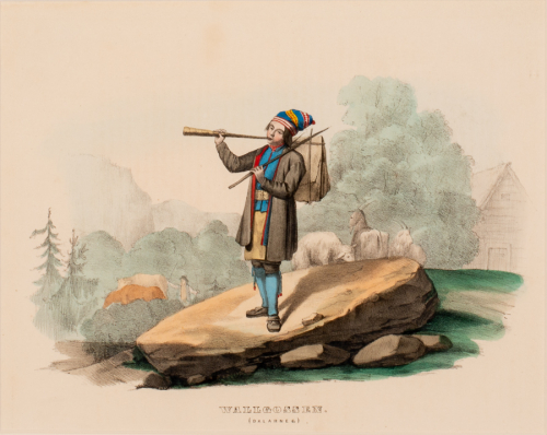 Boy standing on large rock playing instrument; livestock and trees in background; title printed on the bottom