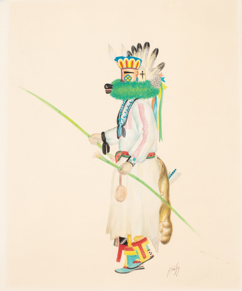 color depiction of a person facing left wearing traditional Native American (Zuni) coverings