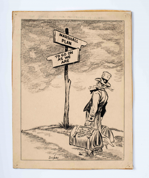 A political cartoon illustrating Uncle Sam at a crossroads holding suitcases labeled "U.S. wealth in money and resources".