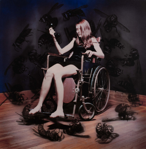 Image of  a young woman in a wheelchair holding a telephone receiver surrounded by large wasps.
