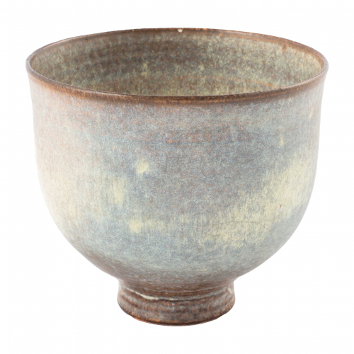 Periwinkle, brown and light green bowl with steep sides