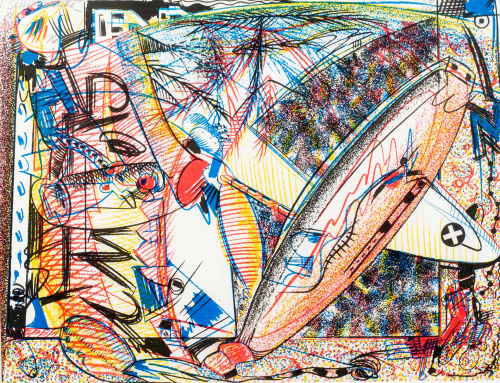 Abstract, gestural image with primary colors and black and white; central image has propeller shaped objects