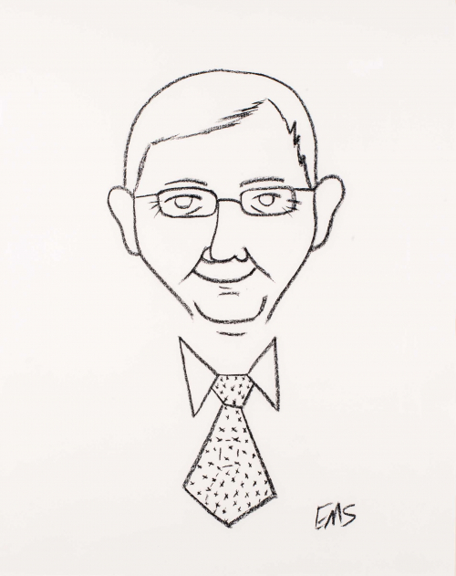 cartoonish contour line drawing of the head and bust of a male wearing glasses and a tie