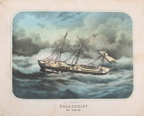 Men on deck a ship that is rocking sideways in a violent storm; title and artist printed on bottom