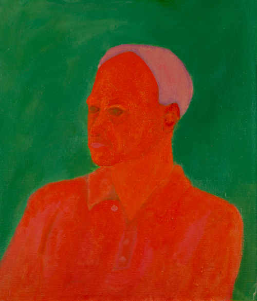 Green background with portrait bust of a man in orange