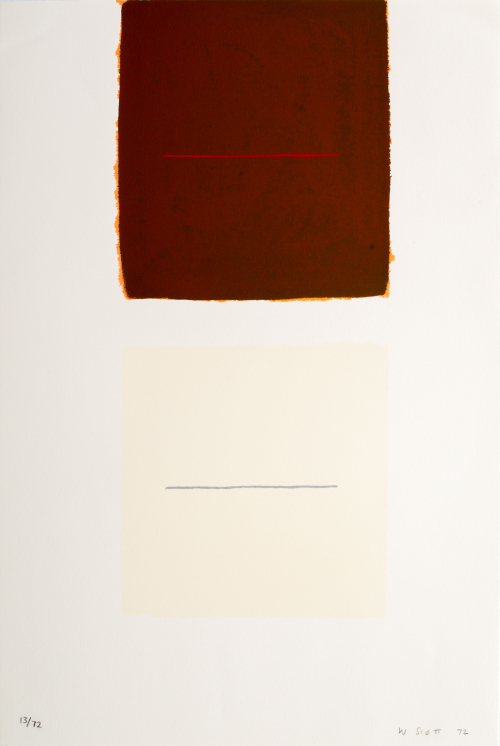 A composition made up of two squares, one cream with a grey line in middle and the other brown/orange with a red line.