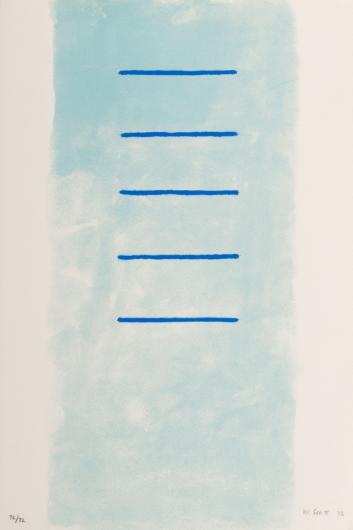 Composition with light blue section in middle with five darker blue horizontal lines going down through it. 