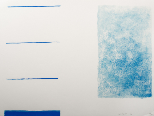 A print composed of a a blue speckled vertical rectangle to the right and four evenly spaced blue vertical lines to the left,