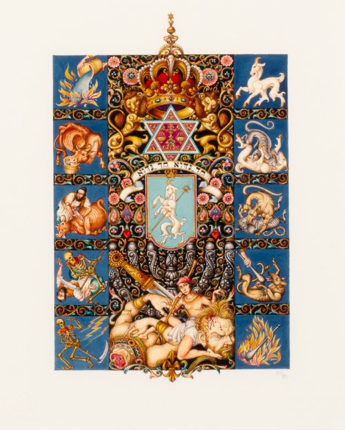 Complex imagery in three vertical panels.  The central panel depicts a standing goat in a coat of arms.  Above is Star of David 