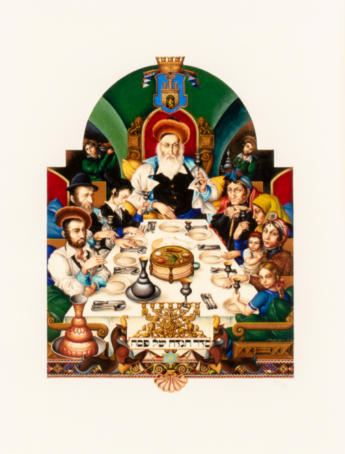 nine people at the Seder table attended by two other people in the distance. A white-bearded man sits at head of table