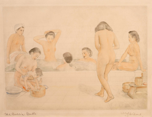 A grouping of nudes, seven females and one child, around a white tiled communal bath